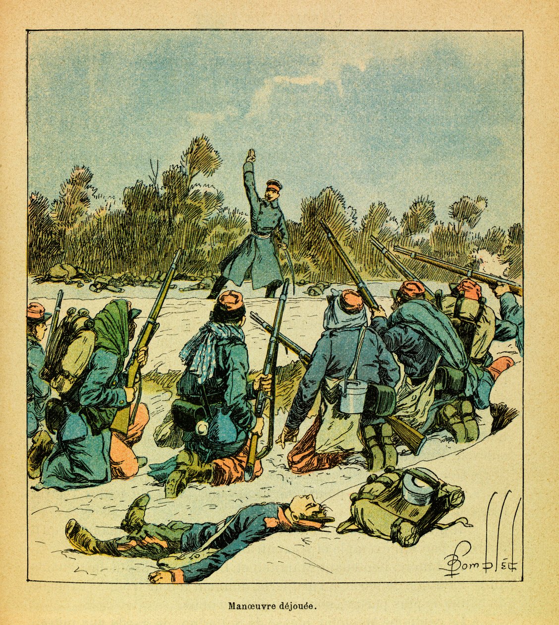 被称为Grenest的Eugene Sergeant的东部军团，由Louis Bombled（1862-1927）绘制（法德战争；1870-1871年的战役）。1871年1月，Hericourt，法国人对普鲁士人，私人收藏 作者 路易斯·查尔斯·邦布尔
