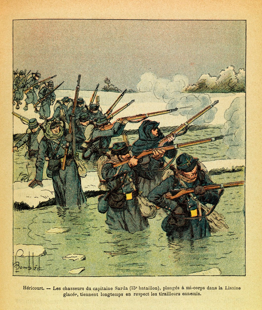 被称为Grenest的Eugene Sergeant的东部军团，由Louis Bombled（1862-1927）绘制（法德战争；1870-1871年的战役）。1871年1月，Hericourt，Sarda上尉的猎人半身潜入冰川Lisaine，在冰川中停留了很长时间。 作者 路易斯·查尔斯·邦布尔