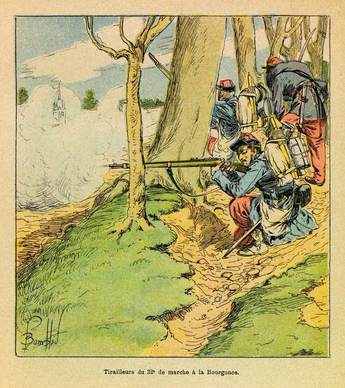 被称为Grenest的Eugene Sergeant的东部军团，由Louis Bombled（1862-1927）绘制（法德战争；1870-1871年的战役）。在杜普尔将军的命令下，在1870年10月的拉布尔贡斯战役中，第32军的一名射手，普里瓦 作者 路易斯·查尔斯·邦布尔