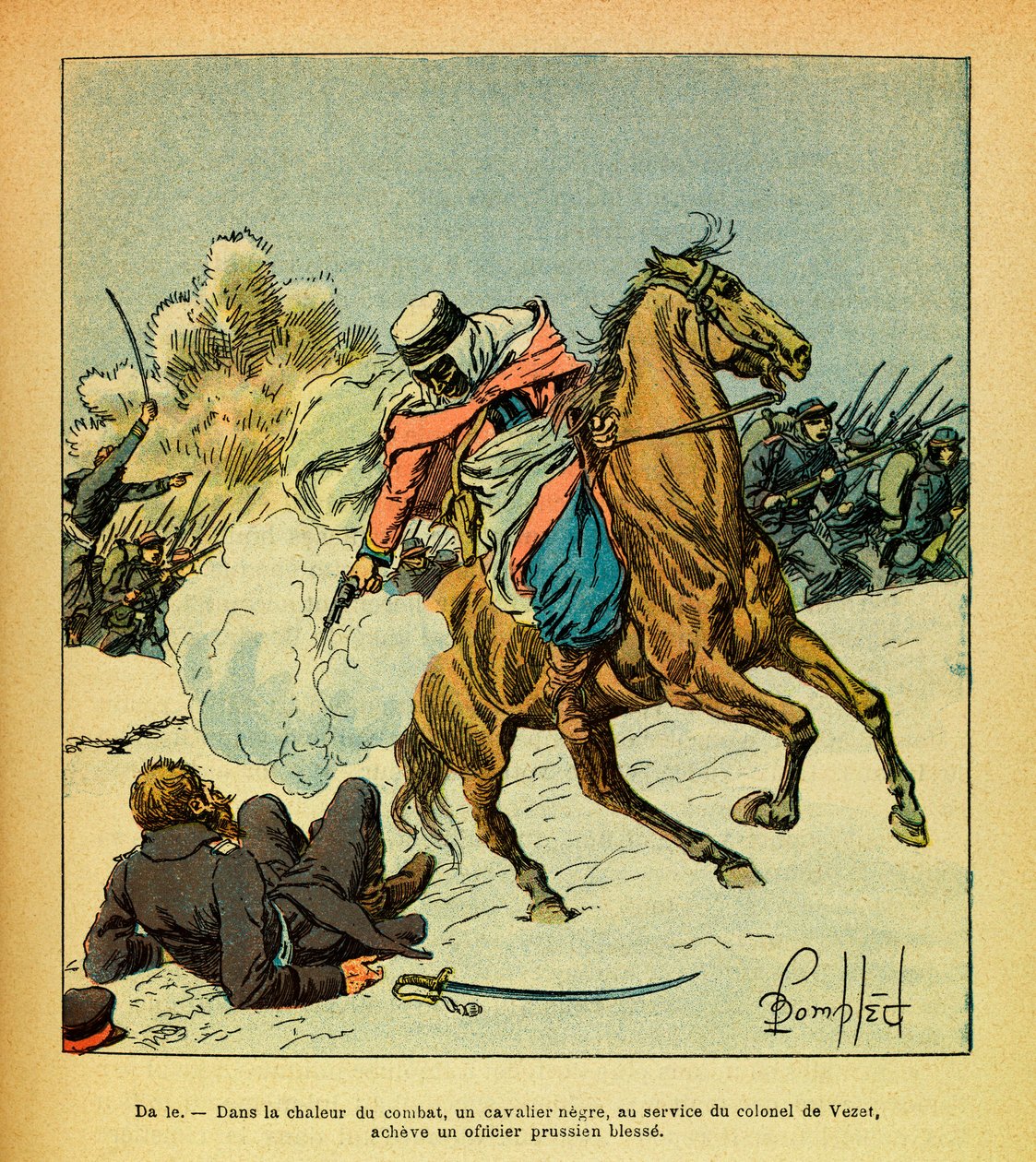 被称为Grenest的Eugene Sergeant的东部军团，由Louis Bombled（1862-1927）绘制（法德战争；1870-1871年的战役）。1871年1月，一个为德-维泽上校服务的黑人骑手完成了一个普鲁士军官的负伤，收藏Pa 作者 路易斯·查尔斯·邦布尔