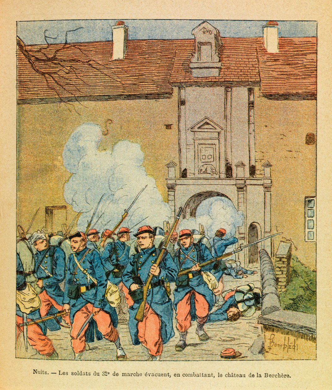 被称为Grenest的尤金-谢尔盖的东部军团，由路易斯-邦布尔德（1862-1927）绘制（法德战争；1870-1871年的战役）。圣乔治之夜之战；32军的士兵在与拉贝尔克城堡作战时撤离。 作者 路易斯·查尔斯·邦布尔