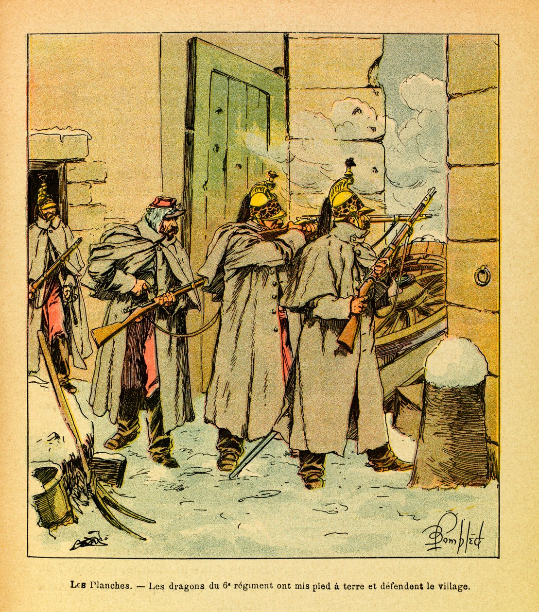 被称为Grenest的Eugene Sergeant的东部军团，由Louis Bombled（1862-1927）绘制（法德战争；1870-1871年的战役）。在Les Plches村，第6团的巨龙们在保卫村庄，收藏部分 作者 路易斯·查尔斯·邦布尔