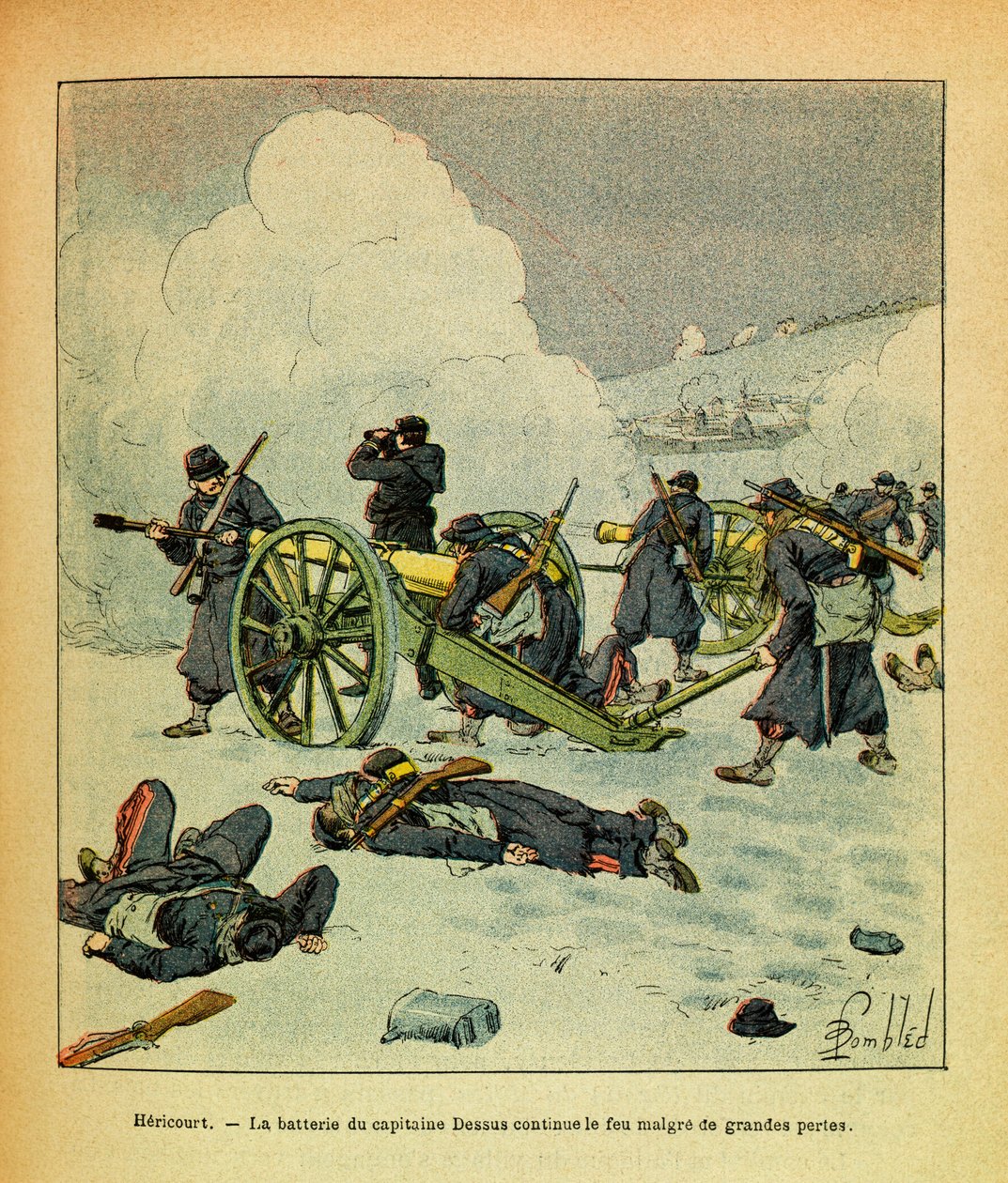 被称为Grenest的Eugene Sergeant的东部军团，由Louis Bombled（1862-1927）绘制（法德战争；1870-1871年的战役）。1871年1月，Hericourt，Dessus上尉的炮台继续燃烧，损失巨大，私人收藏 作者 路易斯·查尔斯·邦布尔
