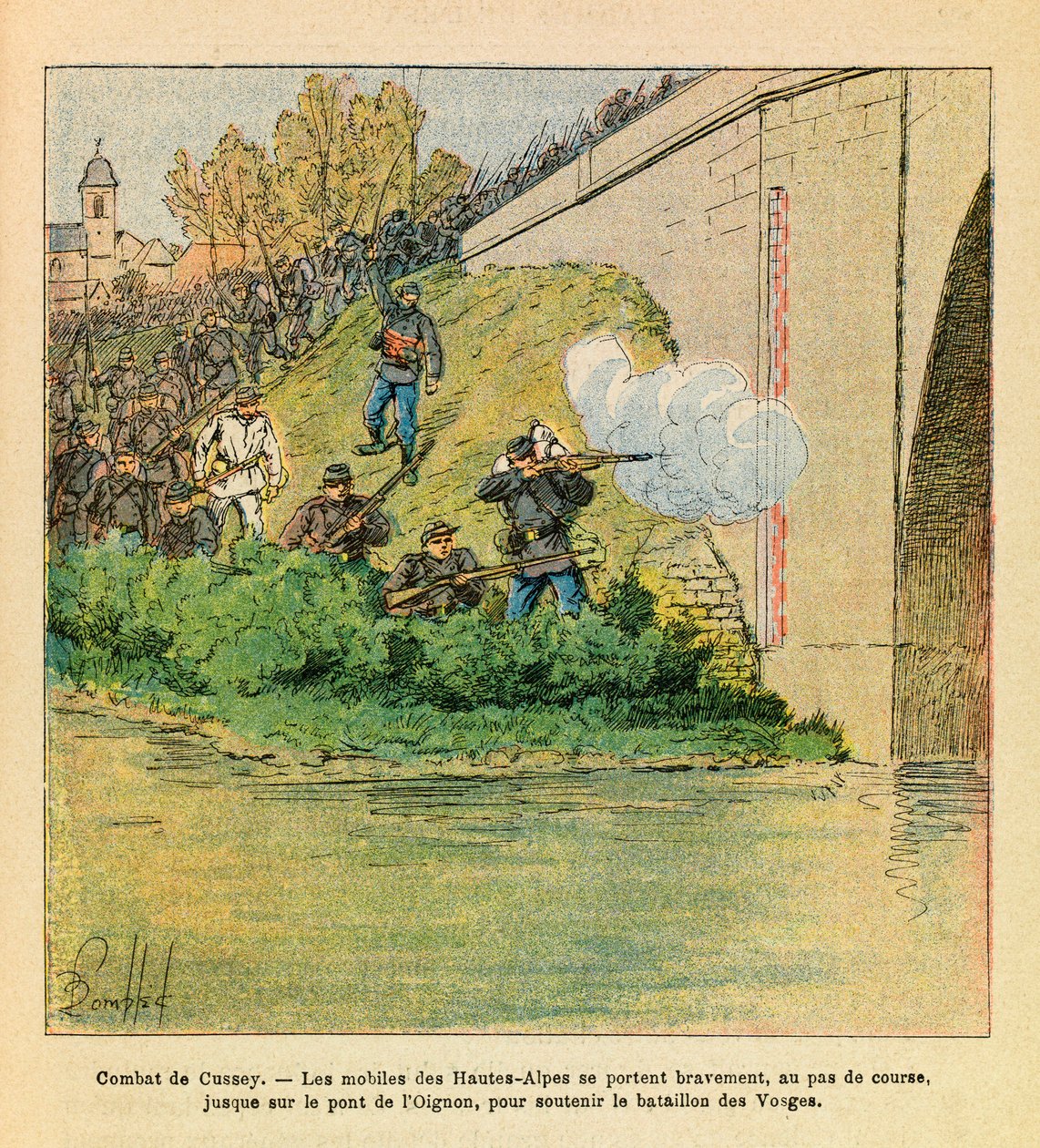 被称为Grenest的Eugene Sergeant的东部军团，由Louis Bombled（1862-1927）绘制（法德战争；1870-1871年的战役）。在奥格农河畔的库西战斗中，上阿尔卑斯山的暴徒们向孚日营伸出了援助之手（dou 作者 路易斯·查尔斯·邦布尔