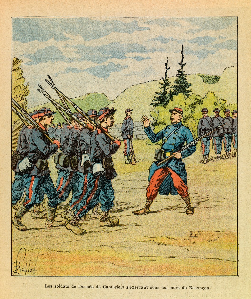 被称为Grenest的Eugene Sergeant的东部军队，由Louis Bombled（1862-1927）绘制（法德战争；1870-1871年的运动）。坎布里埃尔将军的军队士兵在贝桑松的城墙下练习，私人收藏 作者 路易斯·查尔斯·邦布尔
