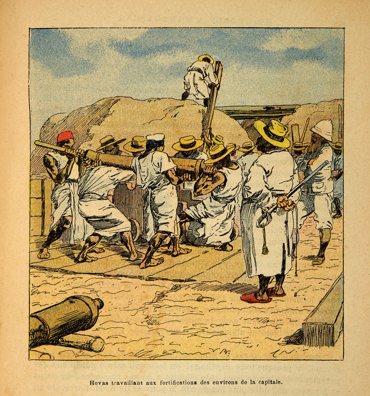 马达加斯加的战争--1885-1895年法国远征的轶事史》，作者亨利-加利（Henri Galli dit Galllichet）（1854-1922），由路易斯-邦布尔（Louis Bombled）（1862-1927）绘制：1895年霍瓦斯在首都的防御工事上工作，私人收藏 作者 路易斯·查尔斯·邦布尔