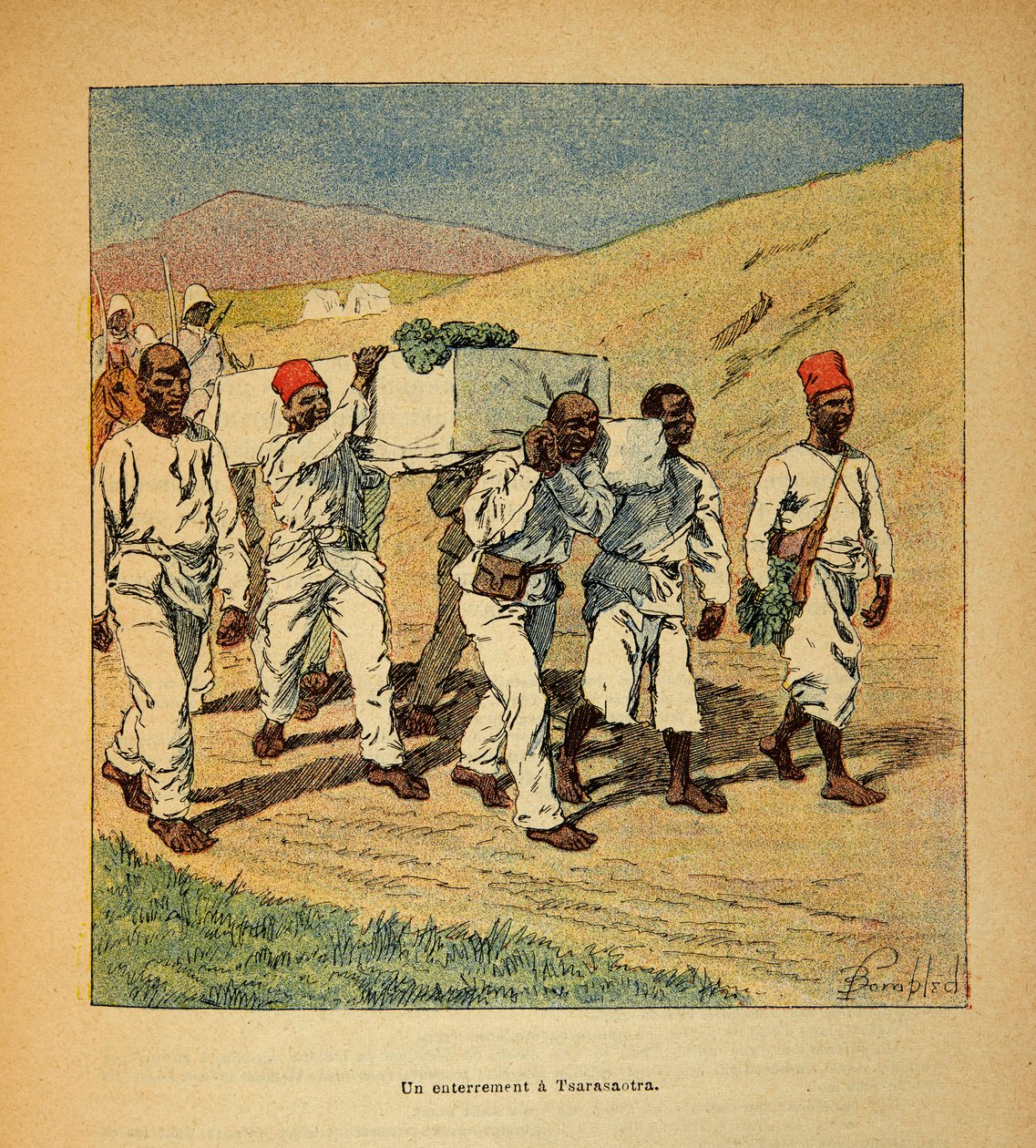 马达加斯加的战争--1885-1895年法国远征的轶事史》，作者亨利-加利（Henri Galli dit Galllichet）（1854-1922），由路易斯-邦布雷（Louis Bombled）（1862-1927）插图。1895年在沙哈拉索特拉的一个士兵的葬礼，私人收藏 作者 路易斯·查尔斯·邦布尔