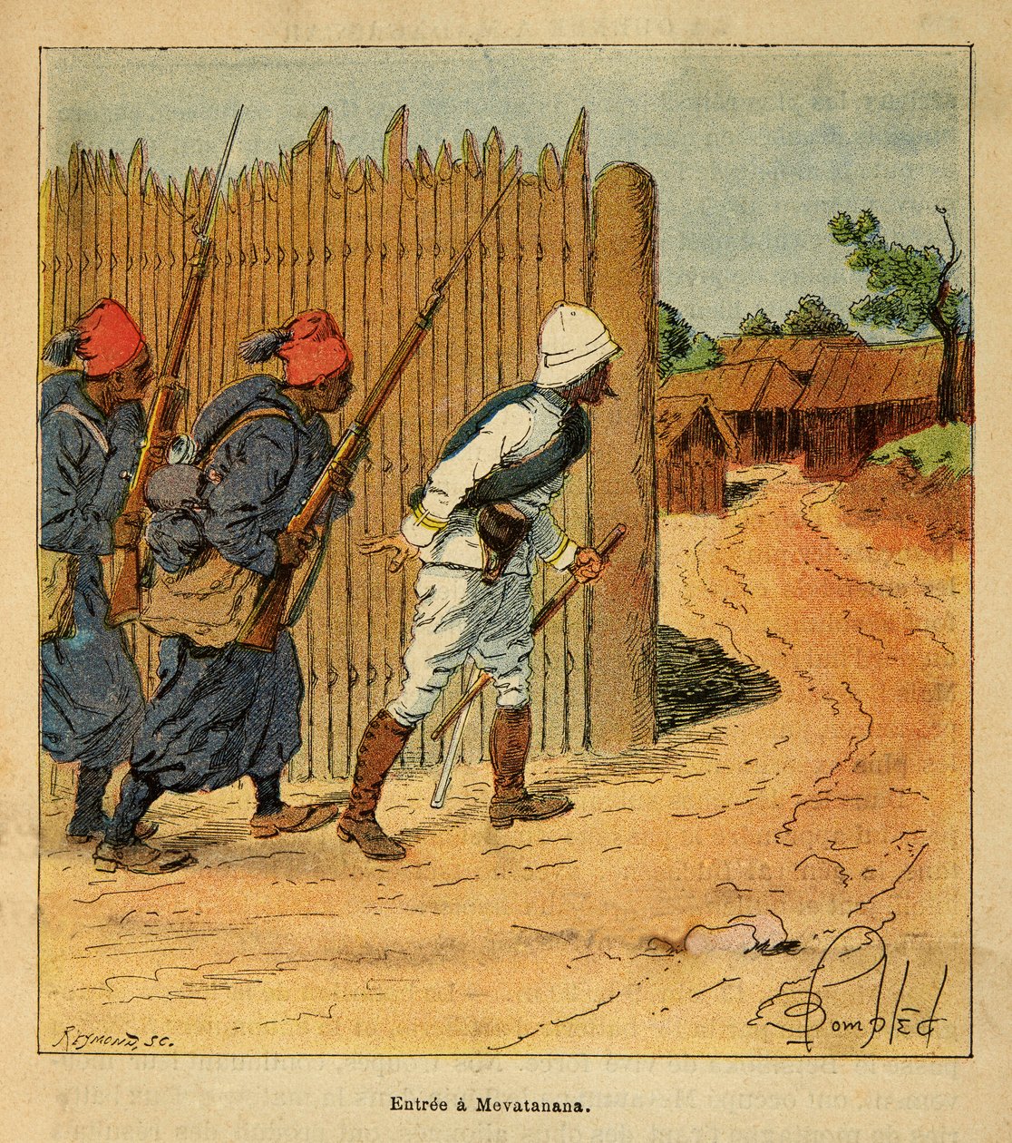 马达加斯加的战争--1885-1895年法国远征的轶事史》，作者亨利-加利（Henri Galli dit Galllichet）（1854-1922），由路易斯-邦布雷（Louis Bombled）（1862-1927）绘制。法国军队于1895年进入梅瓦塔纳纳村，私人收藏品 作者 路易斯·查尔斯·邦布尔