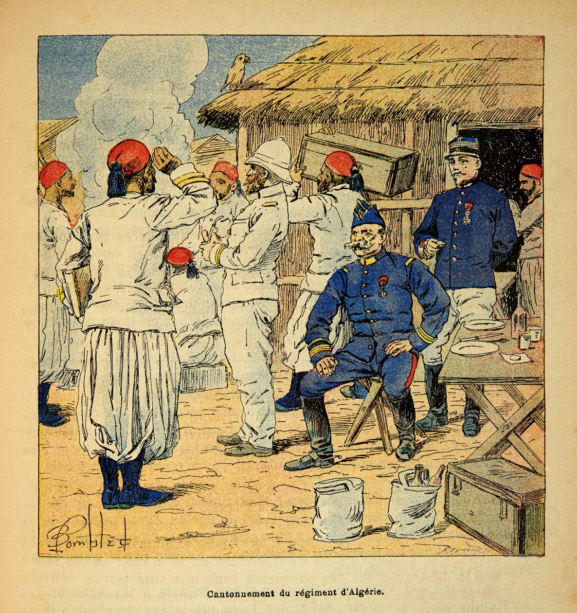 马达加斯加的战争--1885-1895年法国远征的轶事史》，作者亨利-加利（Henri Galli dit Galllichet）（1854-1922），由路易斯-邦布雷（Louis Bombled）（1862-1927）绘制。1895年法国远征马达加斯加期间阿尔及利亚团的驻扎，P 作者 路易斯·查尔斯·邦布尔
