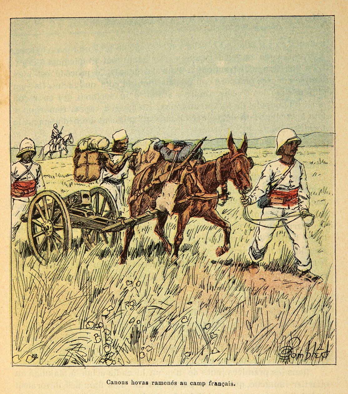 马达加斯加的战争--1885-1895年法国远征的轶事史，作者是亨利-加利（Henri Galli dit Galllichet）（1854-1922），由路易斯-邦布雷（Louis Bombled）（1862-1927）绘制：霍瓦斯大炮被带回法国营地，私人收藏 作者 路易斯·查尔斯·邦布尔