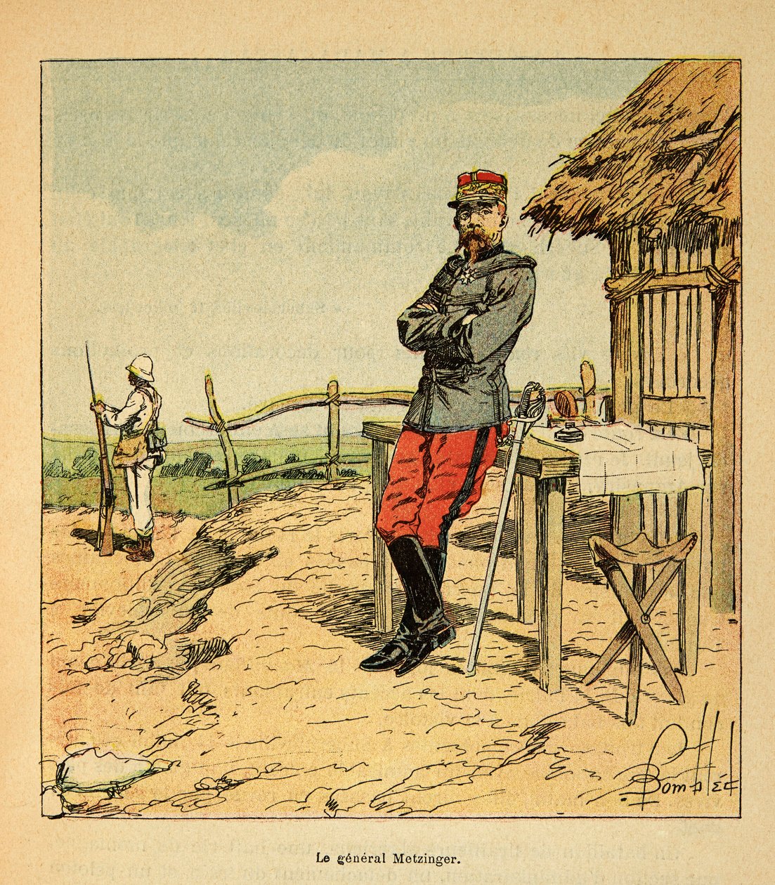 马达加斯加的战争--1885-1895年法国远征的轶事史》，作者亨利-加利（Henri Galli dit Galllichet）（1854-1922），由路易斯-邦布雷（Louis Bombled）（1862-1927）绘制。梅青格将军1895年在马达加斯加的画像，私人收藏 作者 路易斯·查尔斯·邦布尔