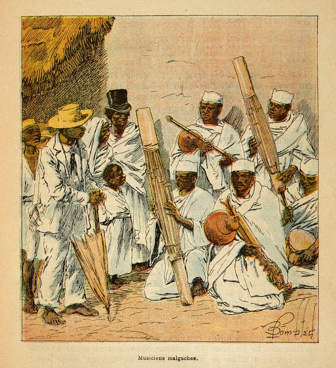 马达加斯加的战争--1885-1895年法国远征的轶事史》，作者亨利-加利（Henri Galli dit Galllichet）（1854-1922），由路易斯-邦布雷（Louis Bombled）（1862-1927）插图。19世纪的马达加斯加音乐家，私人收藏 作者 路易斯·查尔斯·邦布尔