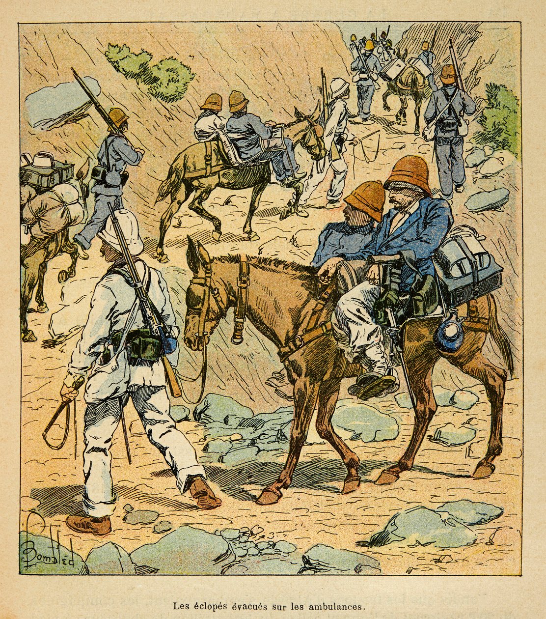马达加斯加的战争--1885-1895年法国远征的轶事史》，作者亨利-加利（Henri Galli dit Galllichet）（1854-1922），由路易斯-邦布雷（Louis Bombled）（1862-1927）绘制。马达加斯加的财富救护车上的手臂逃生图》，私人收藏 作者 路易斯·查尔斯·邦布尔