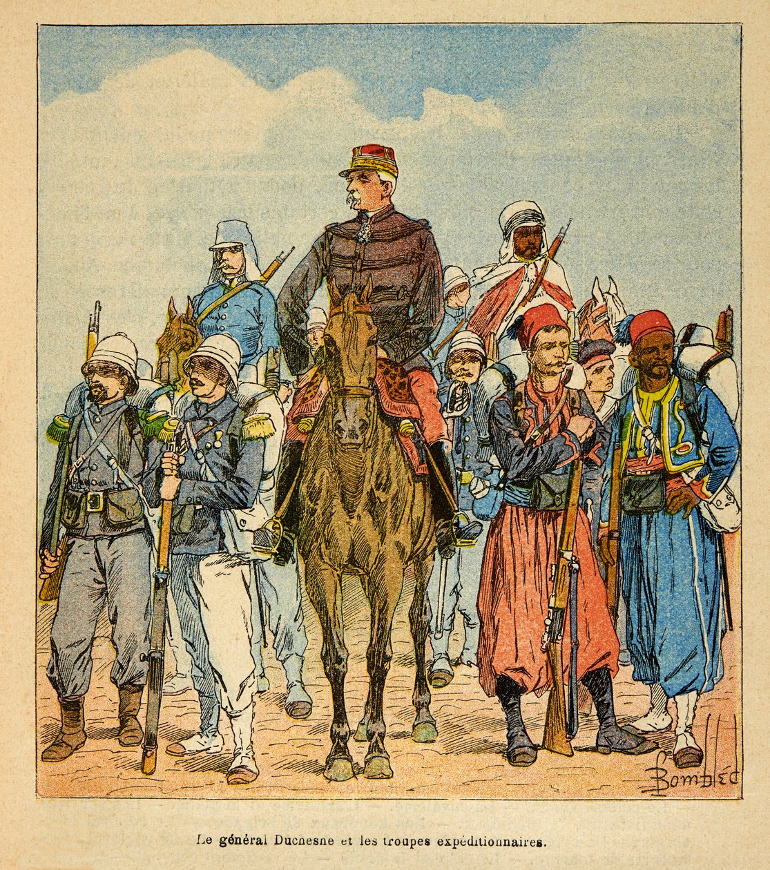 马达加斯加的战争--1885-1895年法国远征的轶事史》，作者亨利-加利（Henri Galli dit Galllichet）（1854-1922），由路易斯-邦布雷（Louis Bombled）（1862-1927）插图。Duchesne将军与马达加斯加远征军，私人收藏 作者 路易斯·查尔斯·邦布尔