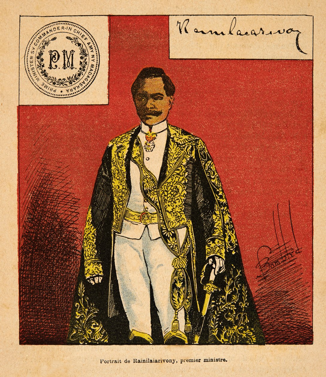 马达加斯加的战争--1885-1895年法国远征的轶事史》，作者亨利-加利（Henri Galli dit Galllichet）（1854-1922），由路易斯-邦布尔德（Louis Bombled）（1862-1927）插图。总理雷尼拉亚里沃尼（1828-1896）的肖像，私人收藏 作者 路易斯·查尔斯·邦布尔