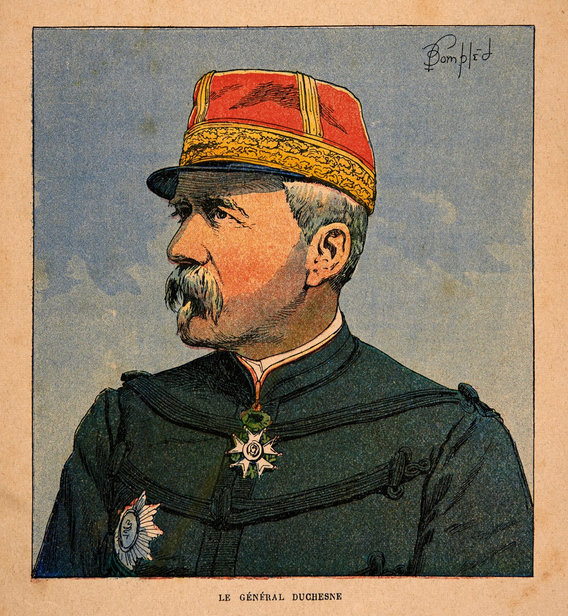 马达加斯加的战争--1885-1895年法国远征的轶事史》，作者亨利-加利（Henri Galli dit Galllichet）（1854-1922），由路易斯-邦布雷（Louis Bombled）（1862-1927）绘制。法国远征军总司令杜塞纳将军（1837-1918）的画像 作者 路易斯·查尔斯·邦布尔