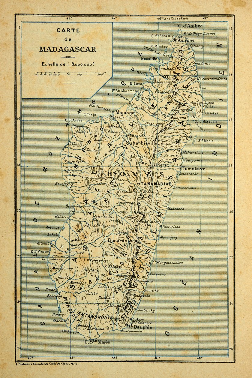 马达加斯加的战争--1885-1895年法国远征的轶事史》，作者亨利-加利（Henri Galli dit Galllichet）（1854-1922），由路易斯-邦布尔德（Louis Bombled）（1862-1927）插图。马达加斯加地图，私人收藏 作者 路易斯·查尔斯·邦布尔