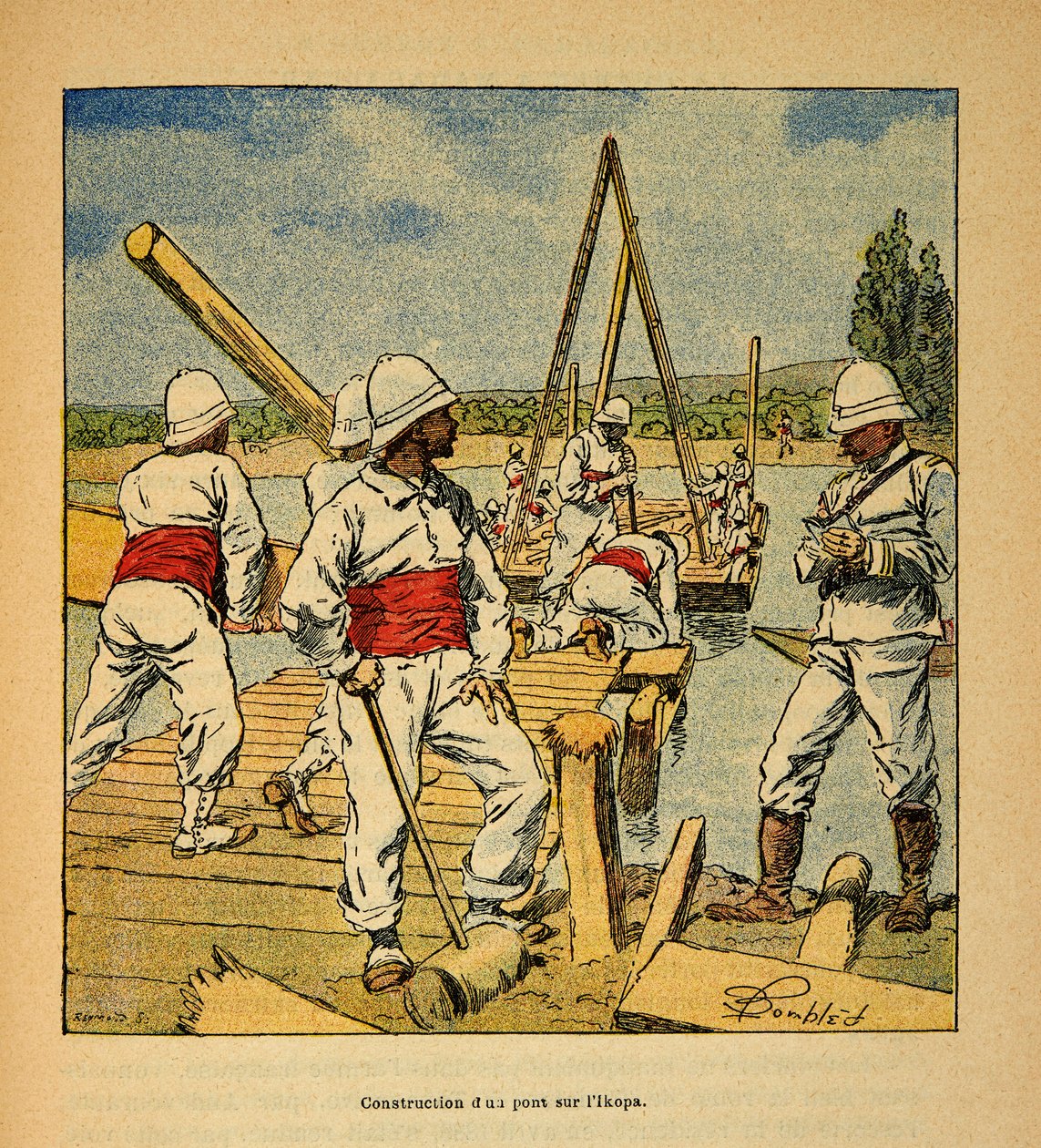 马达加斯加的战争--1885-1895年法国远征的轶事史》，作者亨利-加利（Henri Galli dit Galllichet）（1854-1922），由路易斯-邦布雷（Louis Bombled）（1862-1927）绘制。1895年精灵在伊科帕河上建桥的情景，私人收藏 作者 路易斯·查尔斯·邦布尔