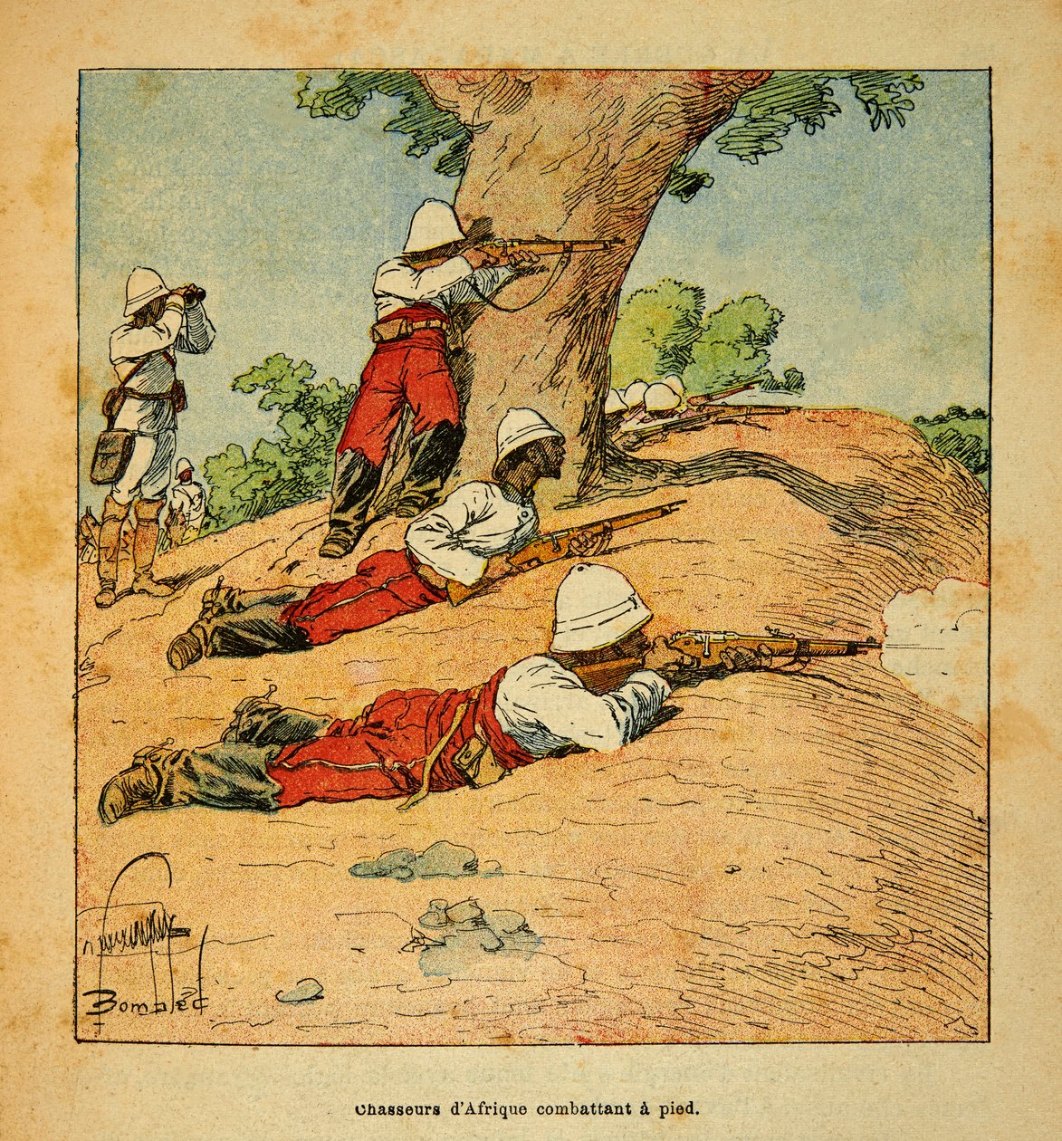 马达加斯加的战争--1885-1895年法国远征的轶事史》，作者亨利-加利（Henri Galli dit Galllichet）（1854-1922），由路易斯-邦布雷（Louis Bombled）（1862-1927）绘制：1895年在马达加斯加徒步作战的非洲猎手，私人收藏 作者 路易斯·查尔斯·邦布尔