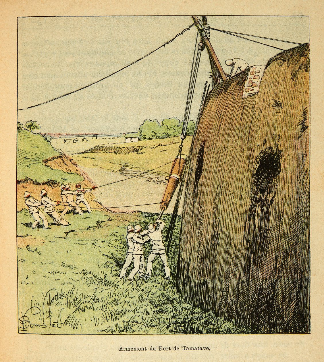 马达加斯加的战争--1885-1895年法国远征的轶事史》，作者亨利-加利（Henri Galli dit Galllichet）（1854-1922），由路易斯-邦布雷（Louis Bombled）（1862-1927）绘制。1895年法国军队在塔马塔夫要塞的武装工作，私人收藏 作者 路易斯·查尔斯·邦布尔
