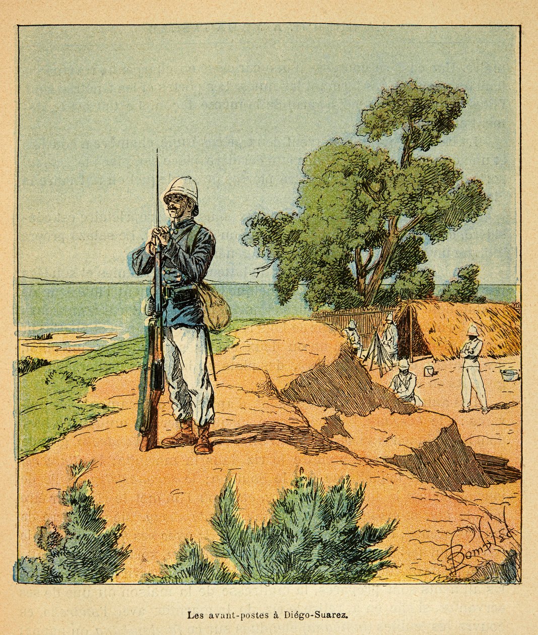 马达加斯加的战争--1885-1895年法国远征的轶事史》，作者亨利-加利（Henri Galli dit Galllichet）（1854-1922），由路易斯-邦布尔德（Louis Bombled）（1862-1927）插图。1885年法国在马达加斯加的迭戈-苏亚雷斯的前哨，私人收藏 作者 路易斯·查尔斯·邦布尔