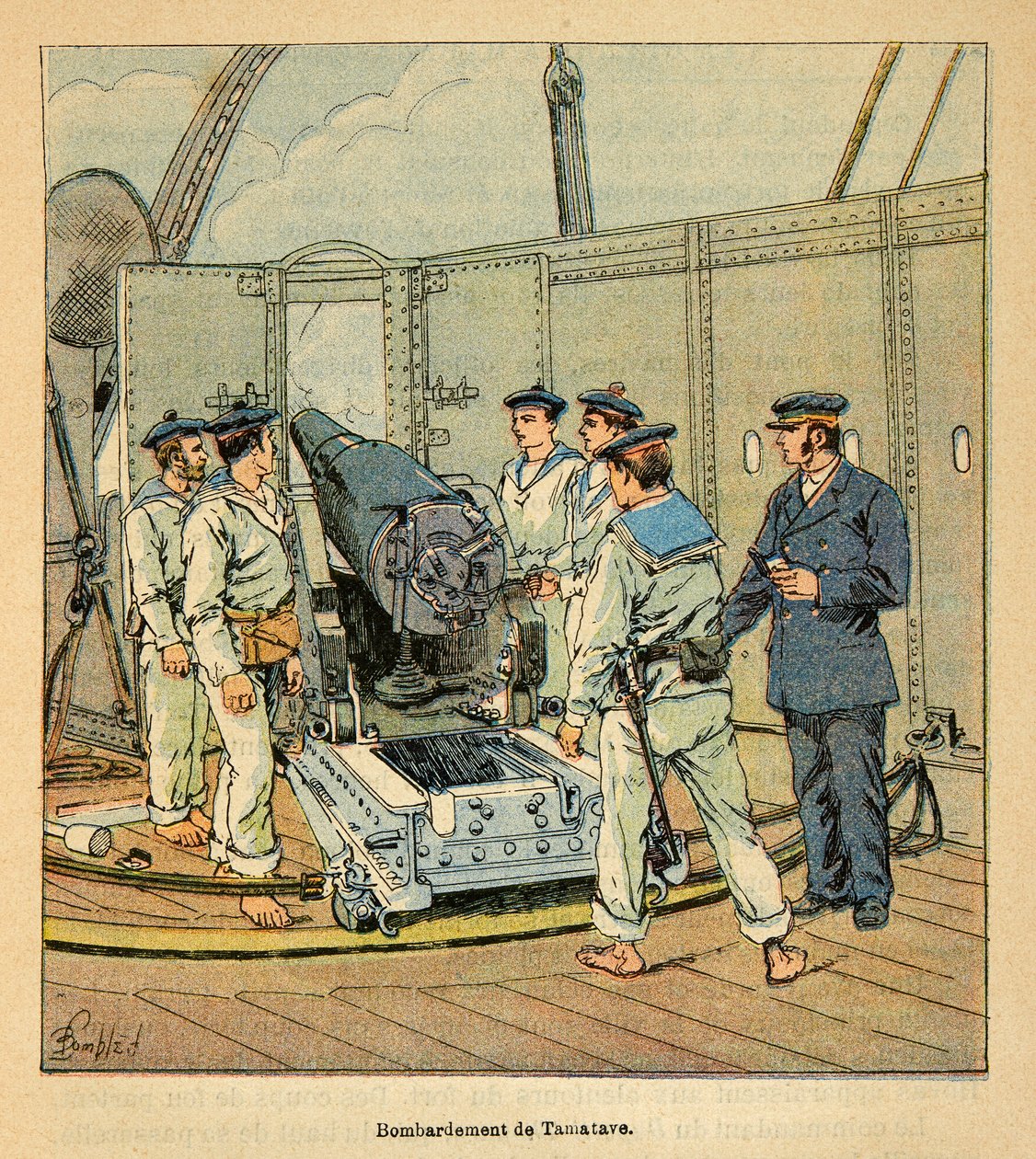马达加斯加的战争--1885-1895年法国远征的轶事史》，作者亨利-加利（Henri Galli dit Galllichet）（1854-1922），由路易斯-邦布尔德（Louis Bombled）（1862-1927）插图。法国海军对塔马塔夫的轰炸，私人收藏 作者 路易斯·查尔斯·邦布尔