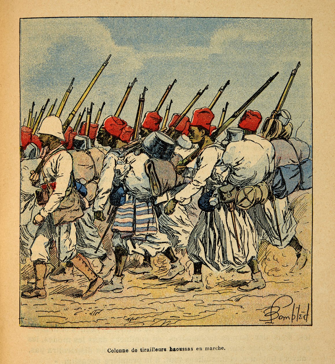 马达加斯加的战争--1885-1895年法国远征的轶事史》，作者是亨利-加利（Henri Galli dit Galllichet）（1854-1922），由路易斯-邦布尔（Louis Bombled）（1862-1927）绘制。1895年行进中的豪萨斯蒂雷尔纵队，私人收藏。 作者 路易斯·查尔斯·邦布尔