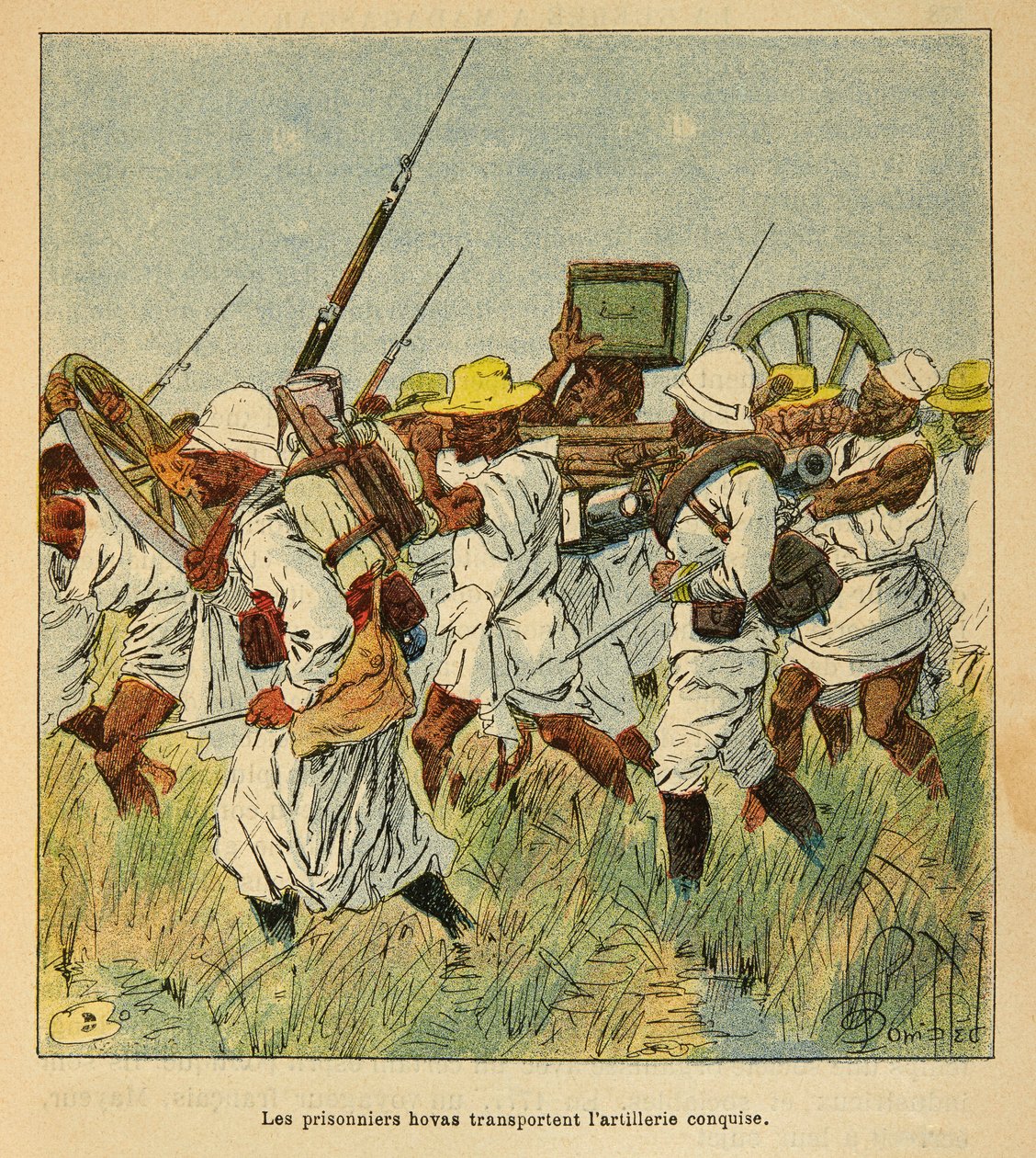 马达加斯加的战争--1885-1895年法国远征的轶事史》，作者亨利-加利（Henri Galli dit Galllichet）（1854-1922），由路易斯-邦布尔德（Louis Bombled）（1862-1927）绘制插图。囚犯Hovas用来运输大炮的部件，私人收藏 作者 路易斯·查尔斯·邦布尔