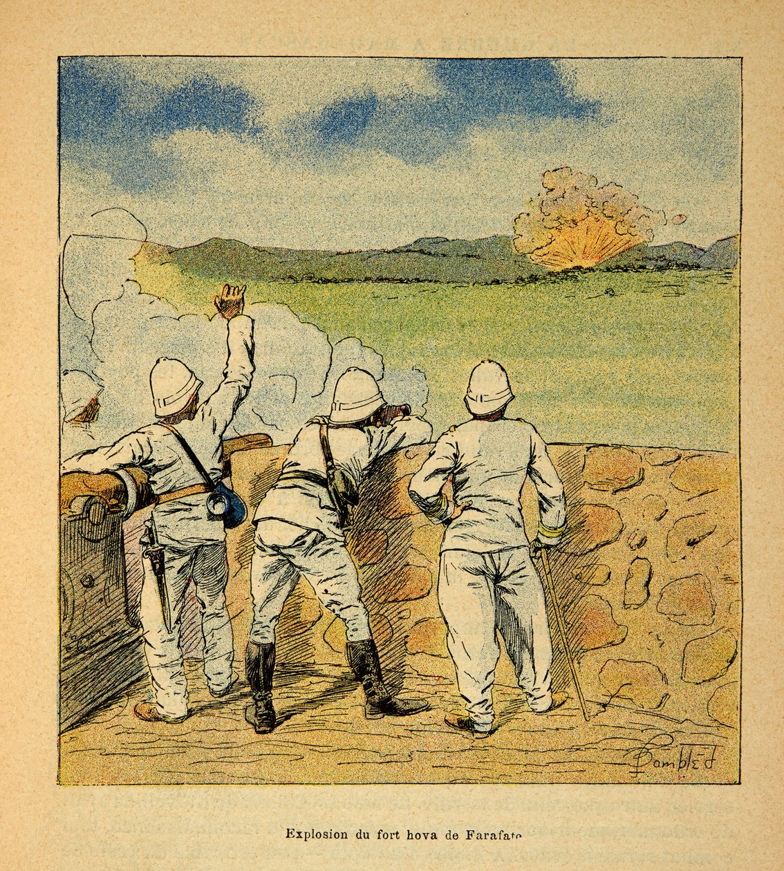 马达加斯加的战争--1885-1895年法国远征的轶事史》，作者亨利-加利（Henri Galli dit Galllichet）（1854-1922），由路易斯-邦布雷（Louis Bombled）（1862-1927）插图。1895年法拉法特的霍瓦堡的爆炸，私人收藏品 作者 路易斯·查尔斯·邦布尔
