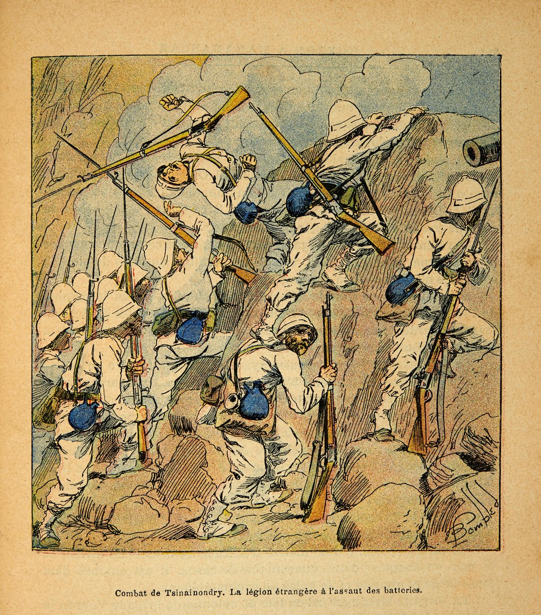 马达加斯加的战争--1885-1895年法国远征的轶事史，作者是亨利-加利（Henri Galli dit Galllichet）（1854-1922），由路易斯-邦布雷（Louis Bombled）（1862-1927）绘制插图。Tsinainondry战役，外国军团在1895年对Hovas炮台的攻击中，Pr 作者 路易斯·查尔斯·邦布尔