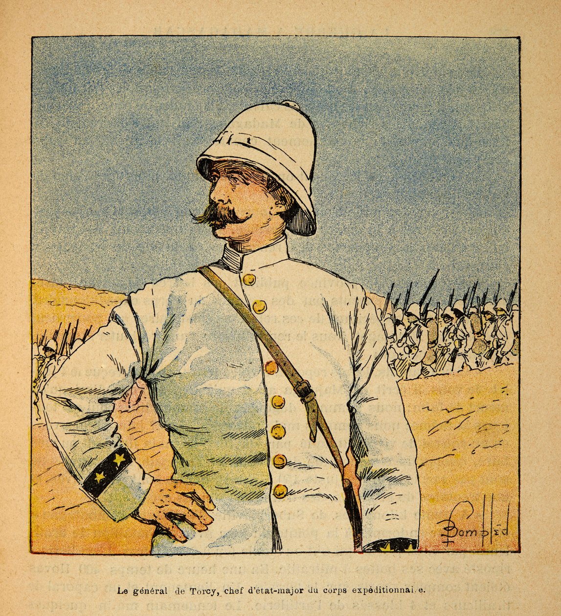 马达加斯加的战争--1885-1895年法国远征的轶事史》，作者亨利-加利（Henri Galli dit Galllichet）（1854-1922），由路易斯-邦布雷（Louis Bombled）（1862-1927）绘制。马达加斯加远征军参谋长德-托西将军（1844-1918）的画像 作者 路易斯·查尔斯·邦布尔