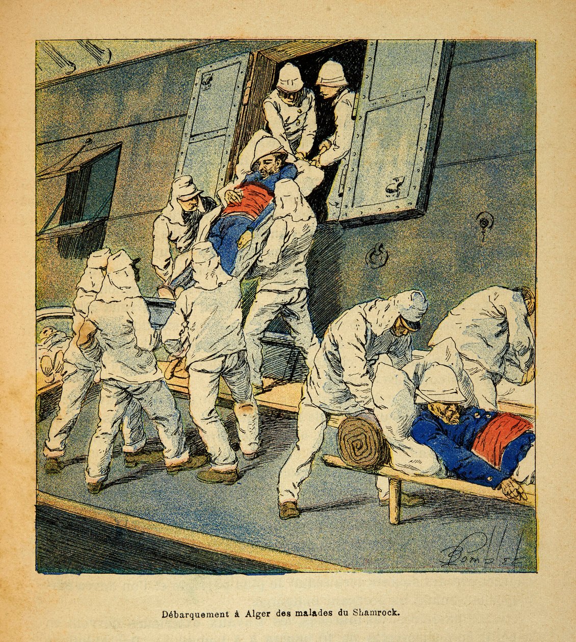 马达加斯加的战争--1885-1895年法国远征的轶事史》，作者是亨利-加利（Henri Galli dit Galllichet）（1854-1922），由路易斯-邦布尔（Louis Bombled）（1862-1927）绘制。1895年，"三叶草 "号医院船的病号在阿尔及尔登岸，他们来自马达加斯加。 作者 路易斯·查尔斯·邦布尔