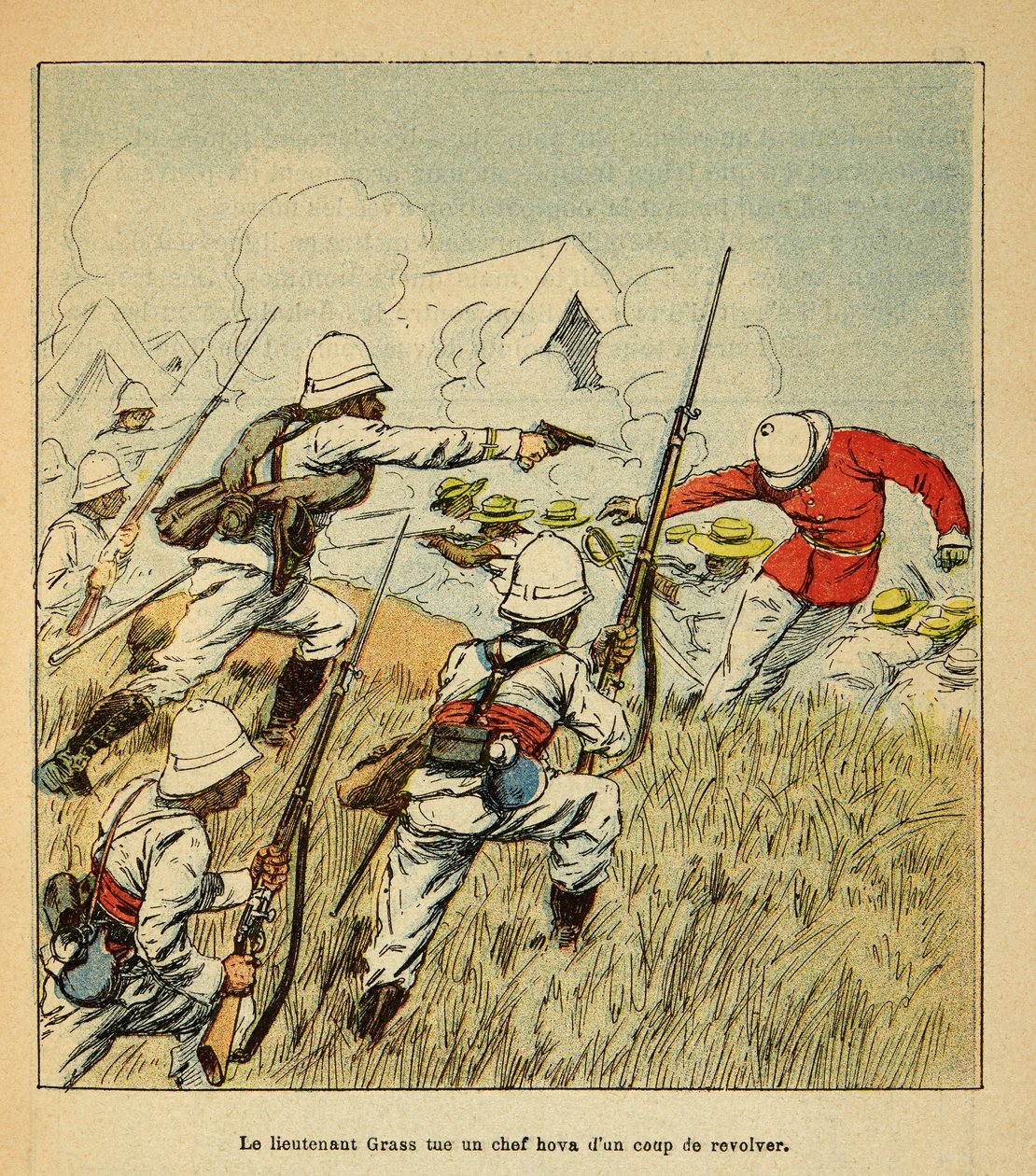马达加斯加的战争--1885-1895年法国远征的轶事史》，作者是亨利-加利（Henri Galli dit Galllichet）（1854-1922），由路易斯-邦布尔（Louis Bombled）（1862-1927）绘制。在1895年的Tsarasaotra战役中，Grss中尉杀死了一个Hova酋长，私人收藏。 作者 路易斯·查尔斯·邦布尔