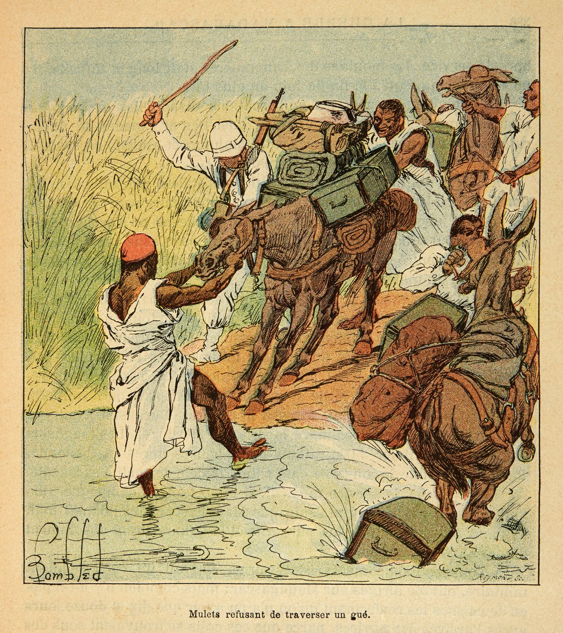 马达加斯加的战争--1885-1895年法国远征的轶事史》，作者是亨利-加利（Henri Galli dit Galllichet）（1854-1922），由路易斯-邦布尔（Louis Bombled）（1862-1927）绘制。1895年法国远征马达加斯加期间，骡子们拒绝穿过一条沟，士兵C 作者 路易斯·查尔斯·邦布尔