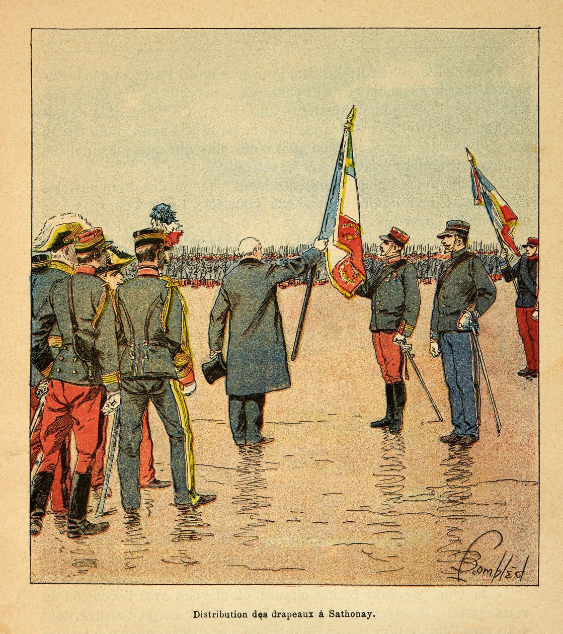 马达加斯加的战争--1885-1895年法国远征的轶事史》，作者亨利-加利（Henri Galli dit Galllichet）（1854-1922），由路易斯-邦布雷（Louis Bombled）（1862-1927）插图。在萨托内向1895年出发前往马达加斯加的部队分发旗帜的照片。 作者 路易斯·查尔斯·邦布尔