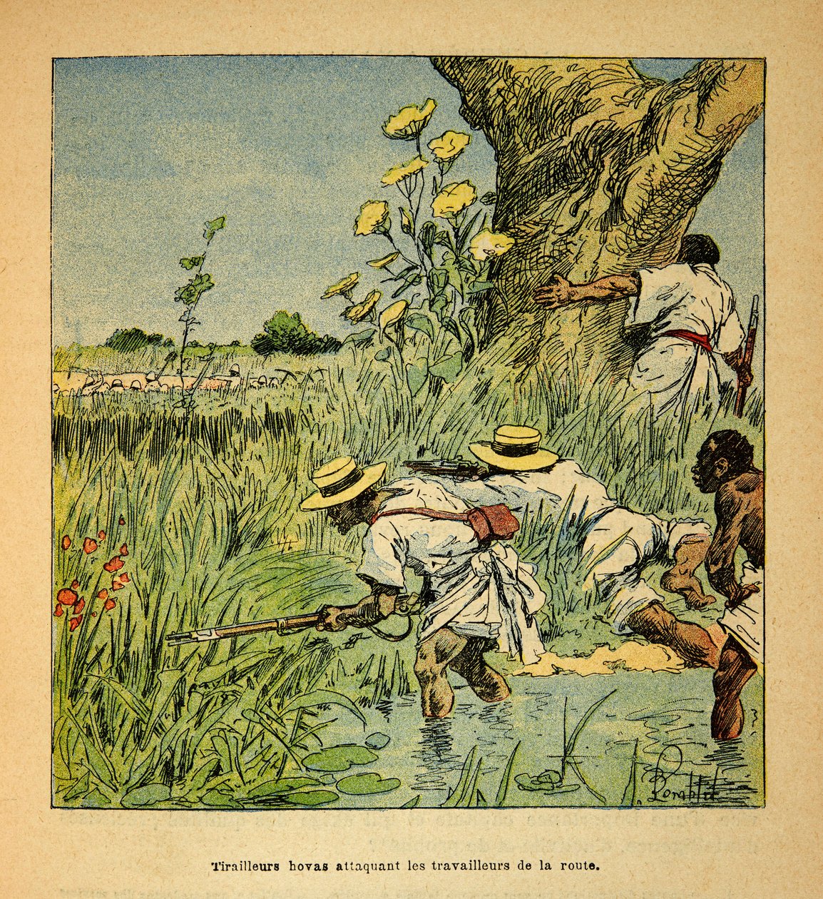 马达加斯加的战争--1885-1895年法国远征的轶事史》，作者亨利-加利（Henri Galli dit Galllichet）（1854-1922），路易斯-邦布尔（Louis Bombled）（1862-1927）插图：1895年，霍瓦斯-蒂雷勒尔攻击正在修建公路的军队，私人收藏 作者 路易斯·查尔斯·邦布尔