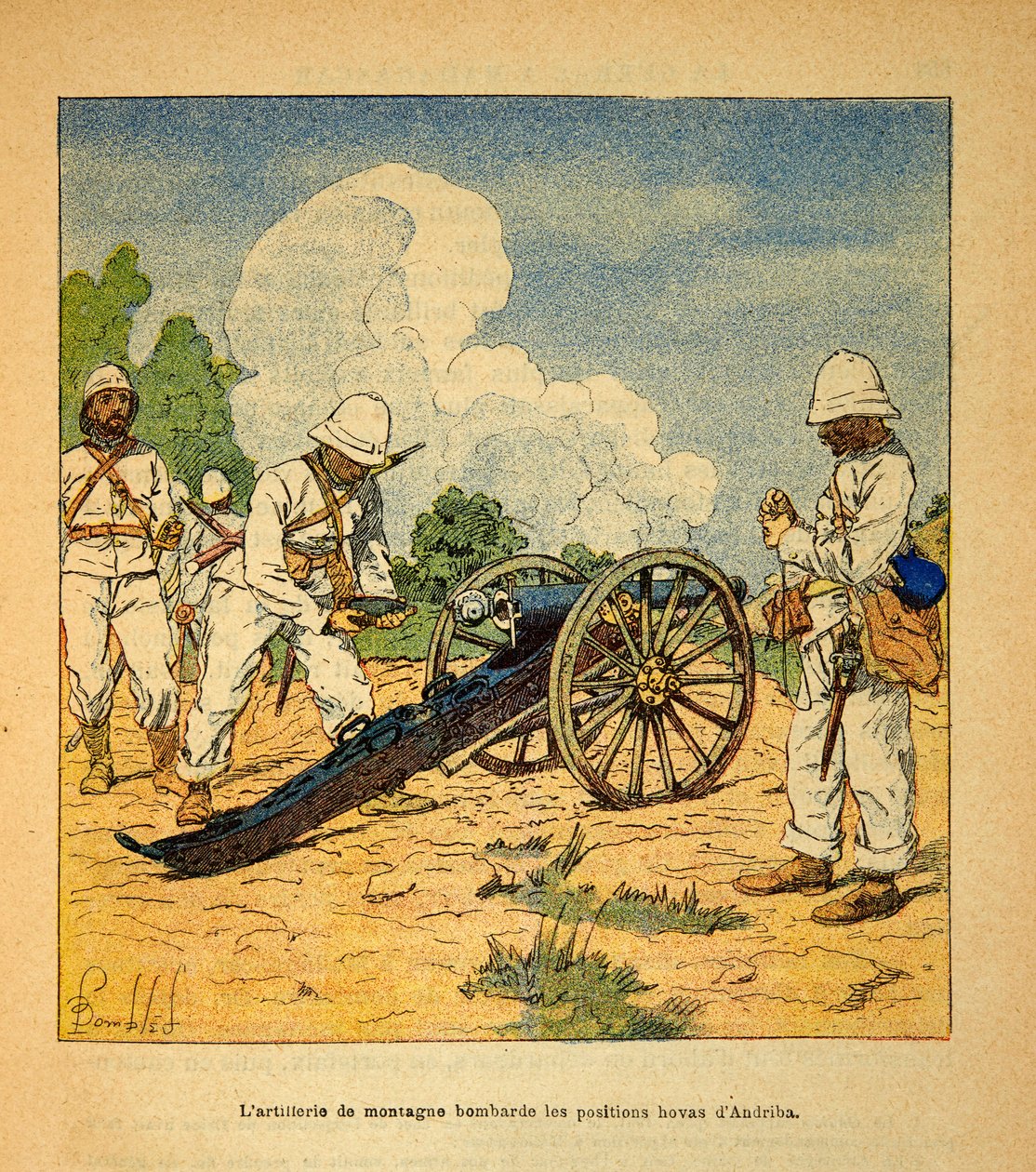 马达加斯加的战争--1885-1895年法国远征的轶事史》，作者亨利-加利（Henri Galli dit Galllichet）（1854-1922），由路易斯-邦布雷（Louis Bombled）（1862-1927）绘制。1895年，山地炮兵轰击Hovas a Andriba阵地，私人收藏 作者 路易斯·查尔斯·邦布尔