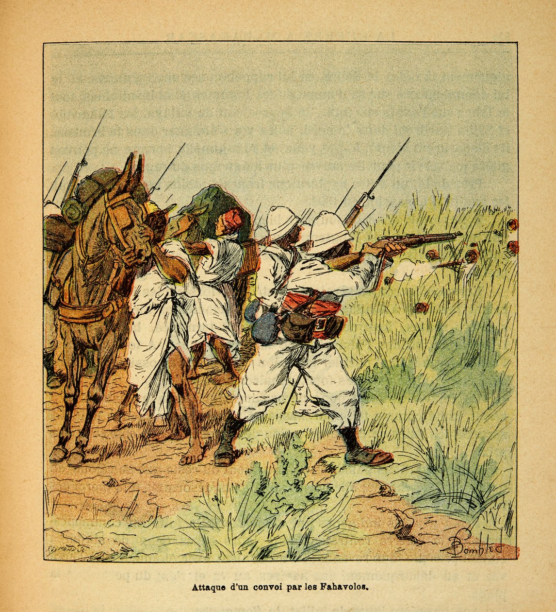 马达加斯加的战争--1885-1895年法国远征的轶事史》，作者是亨利-加利（Henri Galli dit Galllichet）（1854-1922），由路易斯-邦布尔（Louis Bombled）（1862-1927）绘制。法哈沃罗人对军事车队的攻击，私人收藏 作者 路易斯·查尔斯·邦布尔