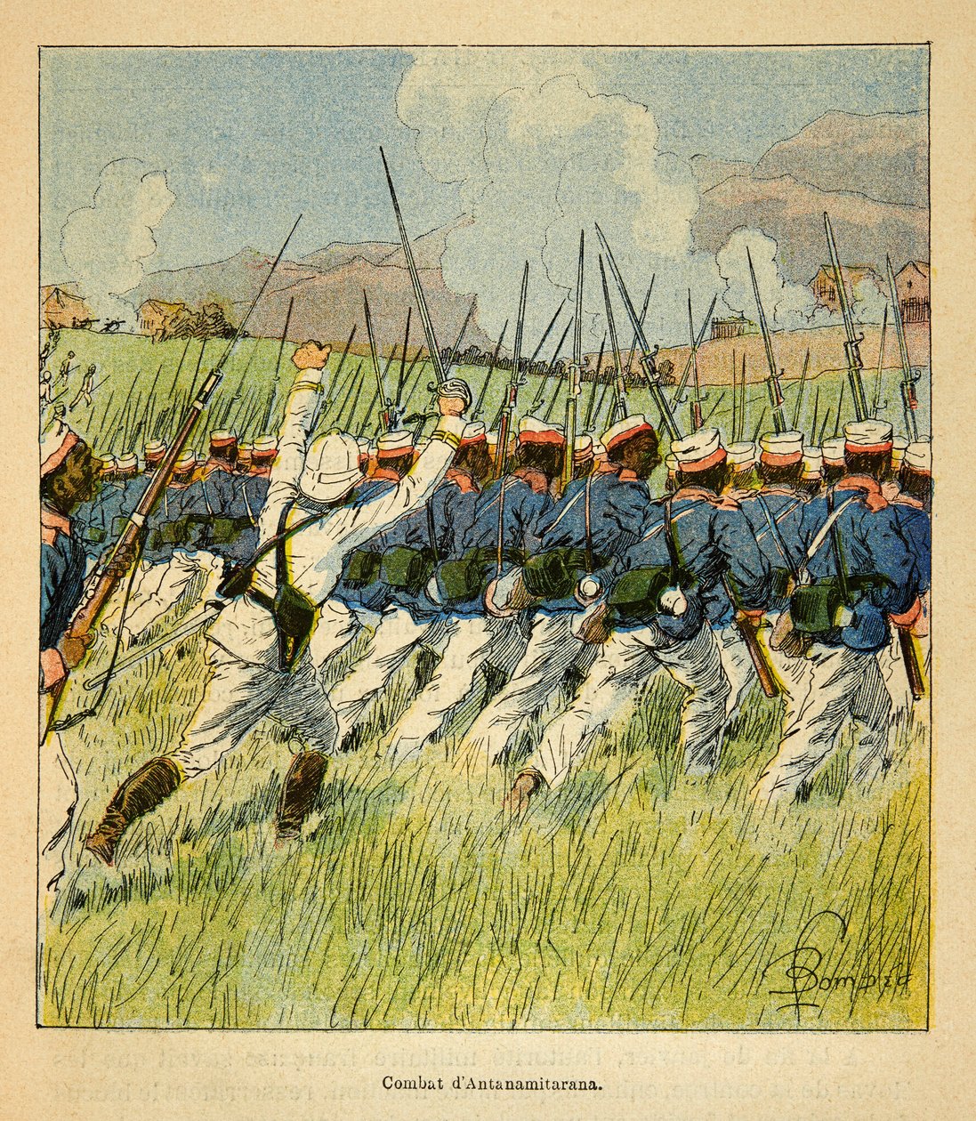 马达加斯加的战争--1885-1895年法国远征的轶事史，作者是亨利-加利（Henri Galli dit Galllichet）（1854-1922），由路易斯-邦布尔（Louis Bombled）（1862-1927）绘制。1895年安塔纳米塔拉纳战役中的法国军队，私人收藏 作者 路易斯·查尔斯·邦布尔