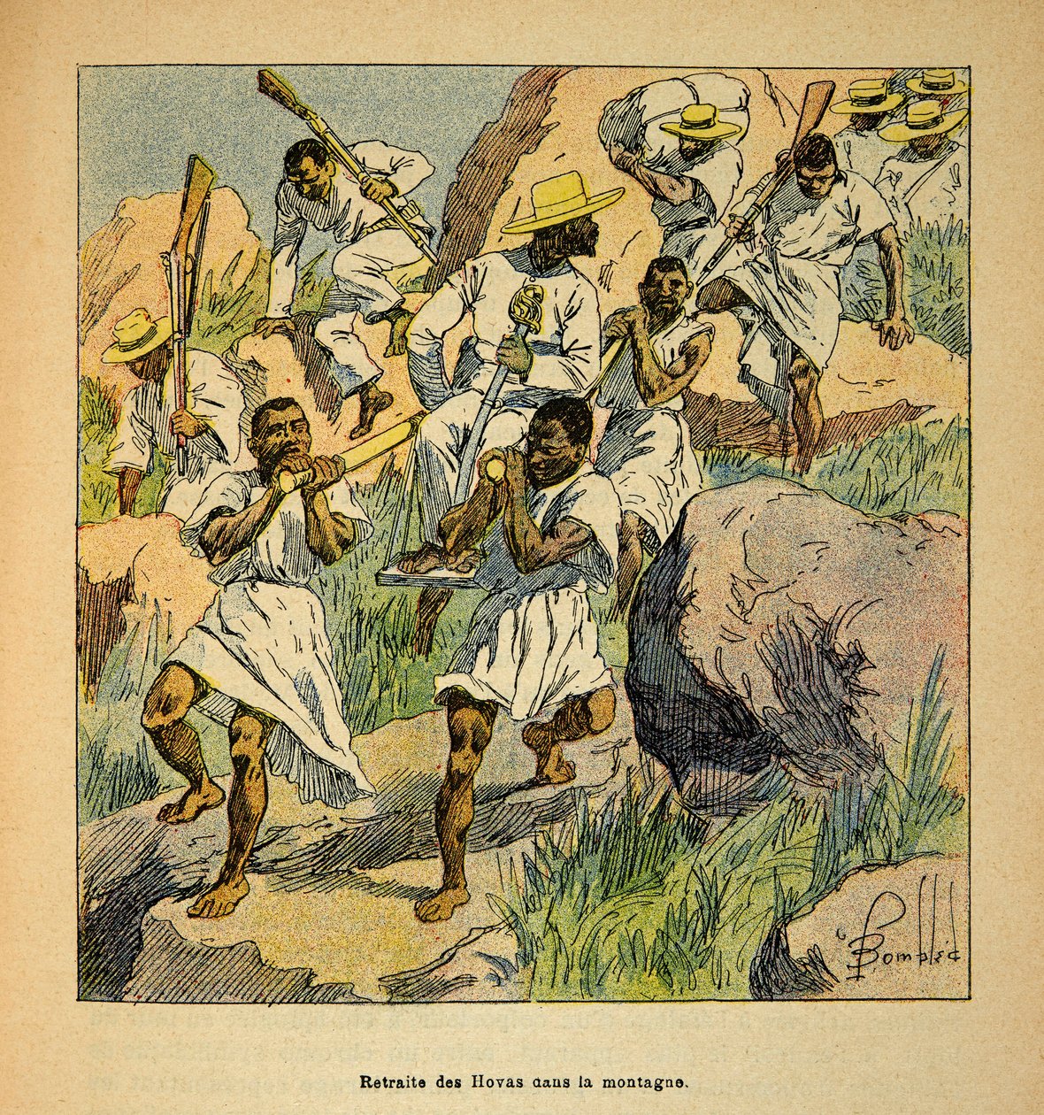 马达加斯加的战争--1885-1895年法国远征的轶事史》，作者亨利-加利（Henri Galli dit Galllichet）（1854-1922），由路易斯-邦布尔德（Louis Bombled）（1862-1927）插图。霍瓦斯部队在山区的撤退，私人收藏 作者 路易斯·查尔斯·邦布尔