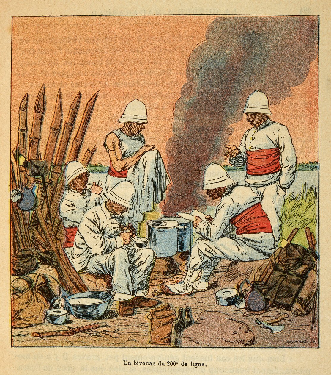 The War in Madagascar-Anecdotal History of the French Expeditions of 1885-1895 by Henri Galli dit Galllichet (1854-1922), illustrated by Louis Bombled (1862-1927): A bivouac of the 200 th line in Madagascar in 1895, Private Collection 作者 路易斯·查尔斯·邦布尔