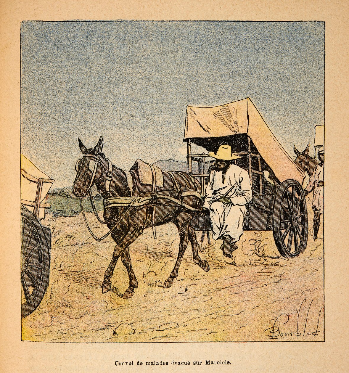 马达加斯加的战争--1885-1895年法国远征的轶事史》，作者亨利-加利（Henri Galli dit Galllichet）（1854-1922），由路易斯-邦布尔德（Louis Bombled）（1862-1927）插图。马罗洛洛上的病号车队逃亡，私人收藏 作者 路易斯·查尔斯·邦布尔