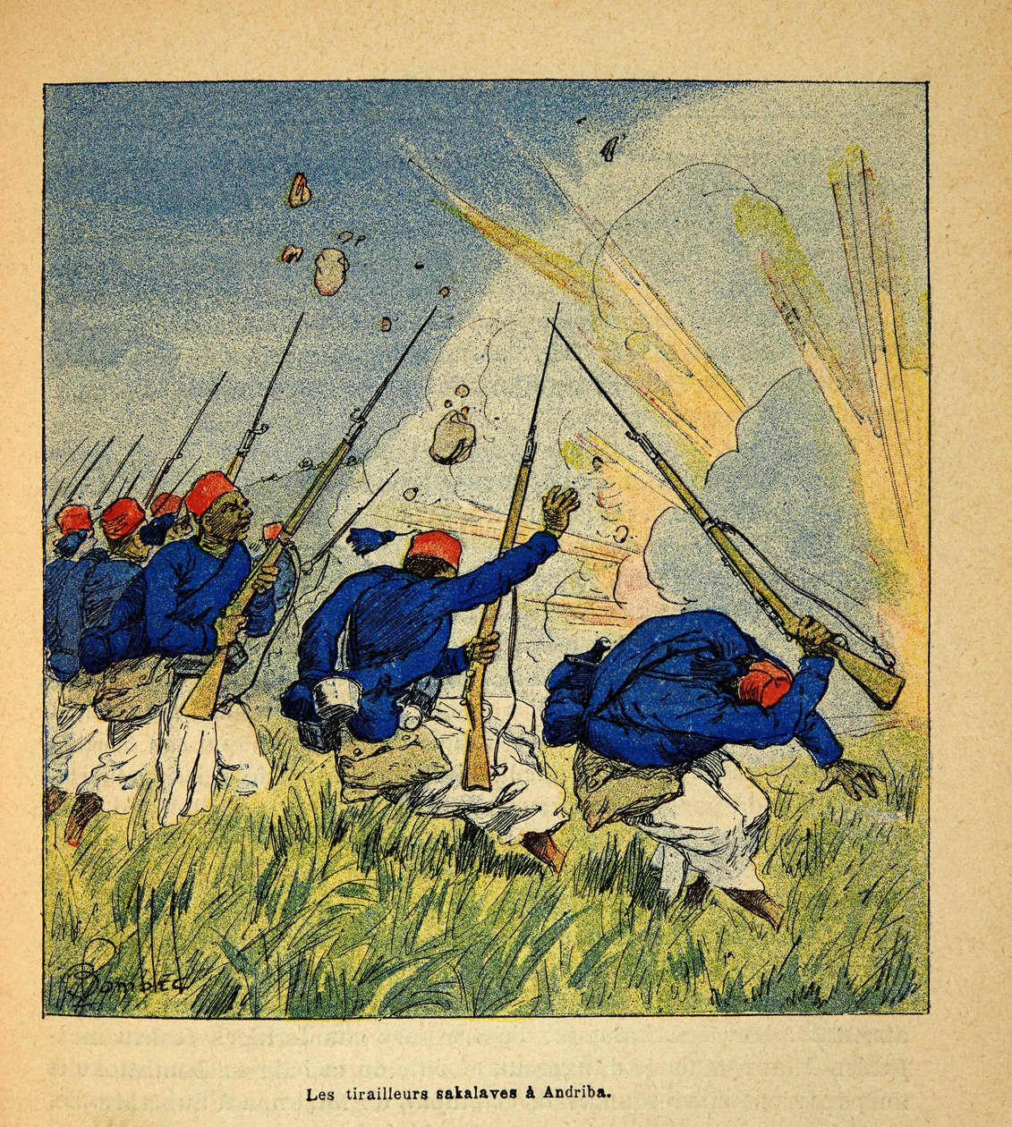 马达加斯加战争 - 1885 年至 1895 年法国远征的轶事历史，亨利·加利·迪特·加利谢 (Henri Galli dit Galllichet，1854-1922 年)，路易斯·邦布尔德 (Louis Bombled，1862-1927 年) 插图：1895 年在安德里巴战斗期间的 Sakalave Tirailleurs，私人收藏 作者 路易斯·查尔斯·邦布尔