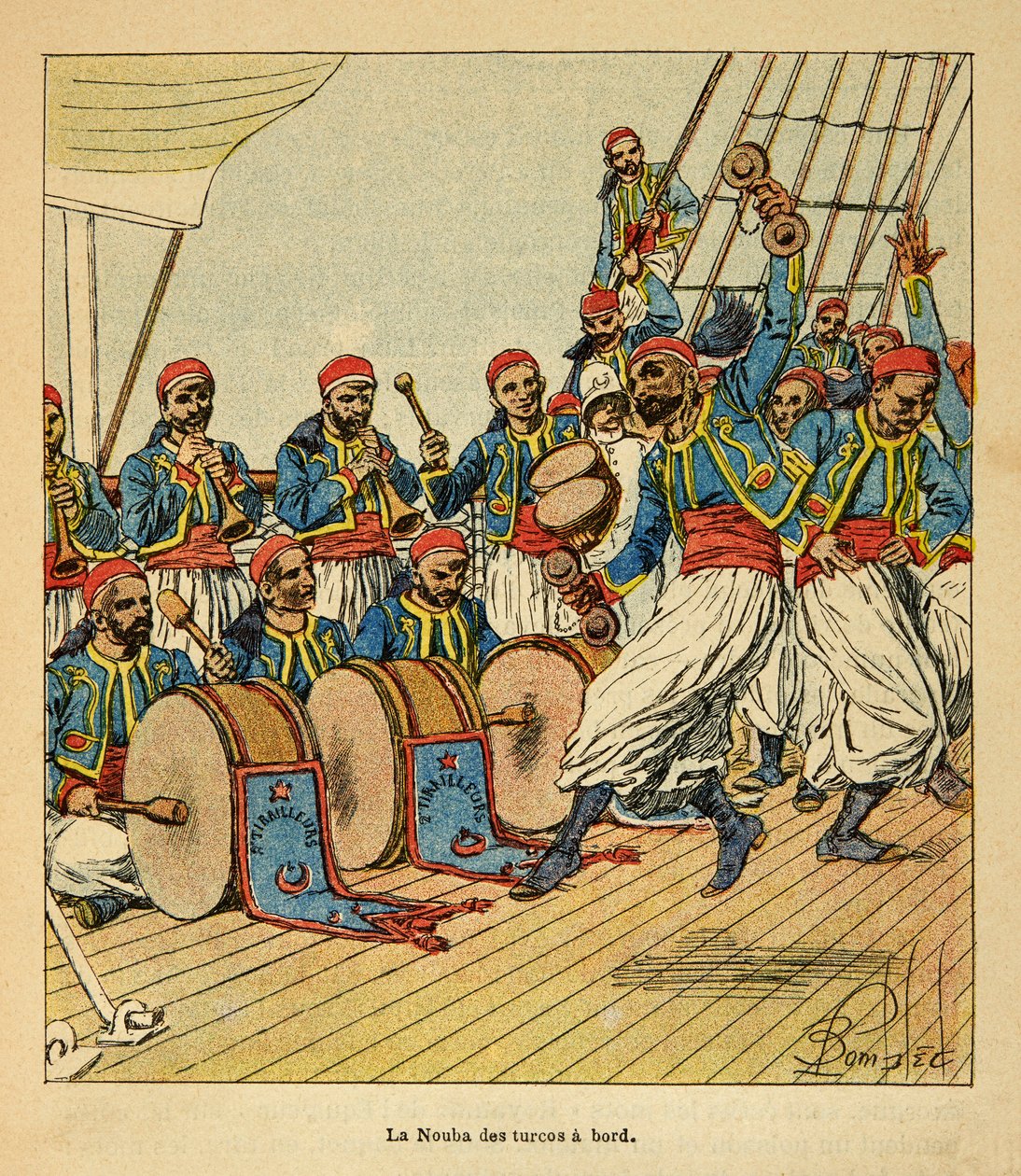 The War in Madagascar-Anecdotal History of the French Expeditions of 1885-1895 by Henri Galli dit Galllichet (1854-1922), illustrated by Louis Bombled (1862-1927): La nouba des turcos aboard the ship sailing to Madagascar, Private Collection 作者 路易斯·查尔斯·邦布尔