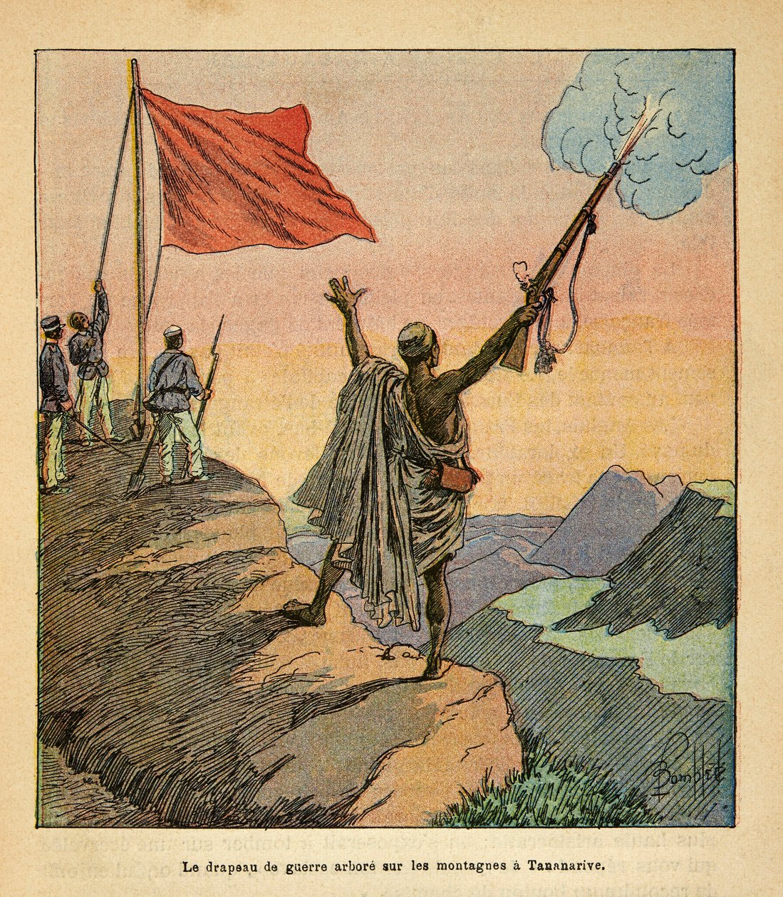 The War in Madagascar-Anecdotal History of the French Expeditions of 1885-1895 by Henri Galli dit Galllichet (1854-1922), illustrated by Louis Bombled (1862-1927): The Malagasy Red War Flag plant on the Tananarive Mountains, Private Collection 作者 路易斯·查尔斯·邦布尔