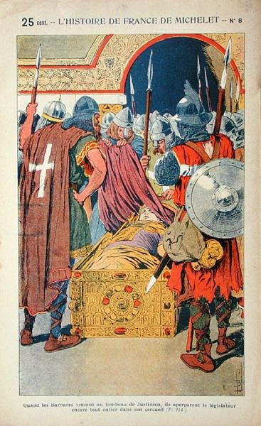 1204 年十字军占领君士坦丁堡期间发现了查士丁尼皇帝（483-565 年）的木乃伊尸体，插图来自于儒勒·米什莱（Jules Michelet，1798-1874 年）创作的《法国历史》，约 1900 年（彩色平版印刷） 作者 路易斯·查尔斯·邦布尔
