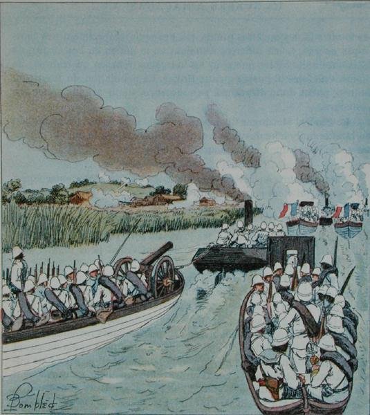船队攻击马达加斯加的Marovoay，来自H.Galli的 "La Guerre a Madagascar"。 作者 路易斯·查尔斯·邦布尔