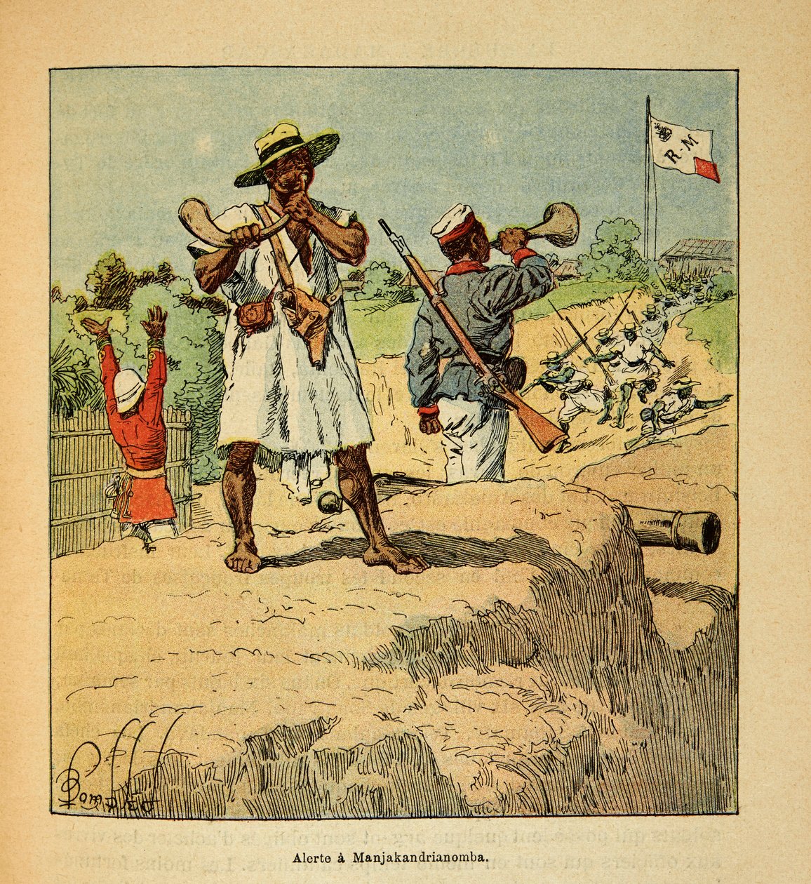 马达加斯加的战争--1885-1895年法国远征的轶事史，作者是亨利-加利（Henri Galli dit Galllichet）（1854-1922），由路易斯-邦布雷（Louis Bombled）（1862-1927）插图。1895年法国军队抵达时，马达加斯加军队在曼贾坎德里亚农巴的警戒状态，普里瓦 作者 路易斯·查尔斯·邦布尔