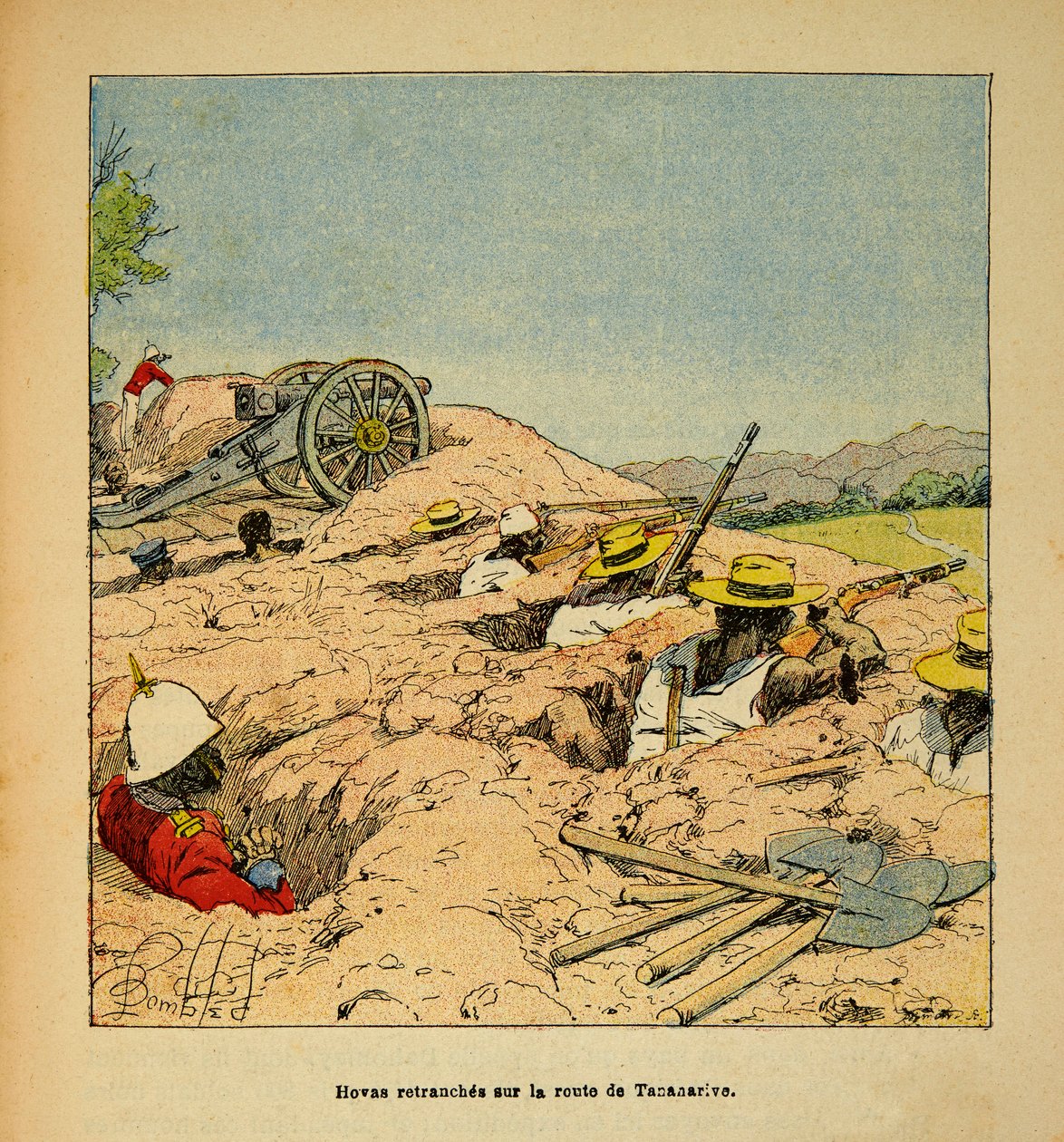 The war in Madagascar-Anecdotal history of the French expeditions of 1885-1895 by Henri Galli dit Galllichet (1854-1922), illustrated by Louis Bombled (1862-1927): Hovas troupe trenchees on the road to Tannarive in 1895, Private Collection 作者 路易斯·查尔斯·邦布尔