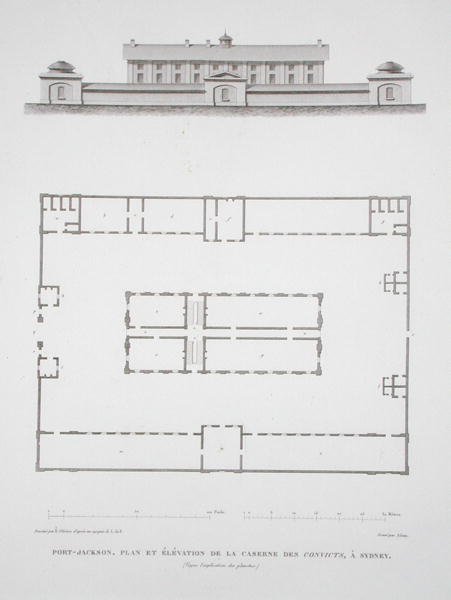 悉尼附近杰克逊港的罪犯建筑平面图和立面图，摘自《世界之旅（1817-20）》，1822-24出版（雕刻）。 作者 路易斯·克劳德·德索尔·弗雷西内